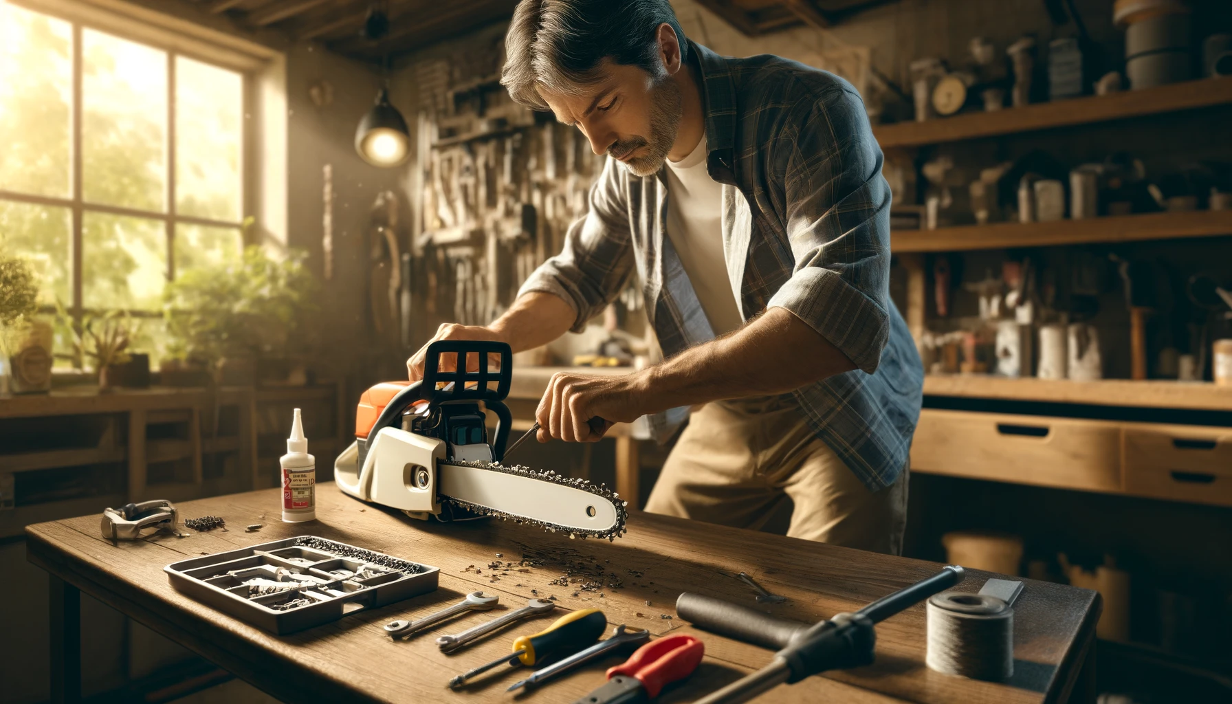 Un homme en train de changer la chaine de sa tronçonneuse électrique dans son atelier