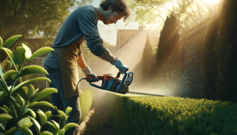 Un homme qui taille la haie de son jardin