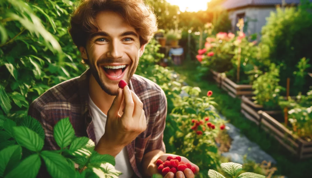 Cet homme est heureux de manger des framboises car ça fait du bien à son corps.