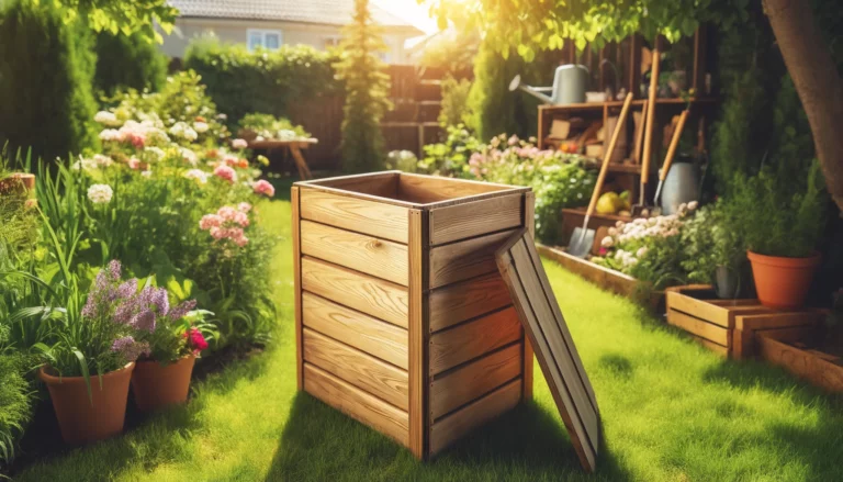 Un bac de compost en bois au milieu d'un jardin