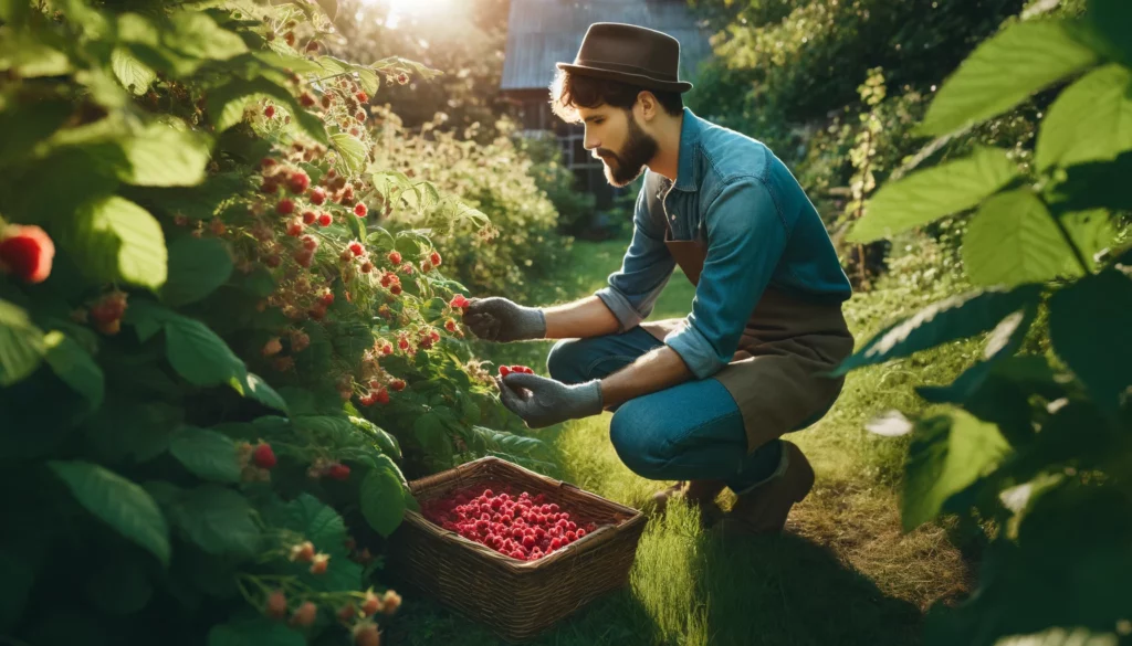 Un homme qui cueille des framboises dans son jardin