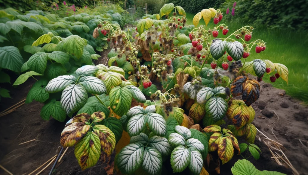 Des framboisiers malades avec des feuilles blanches et noires