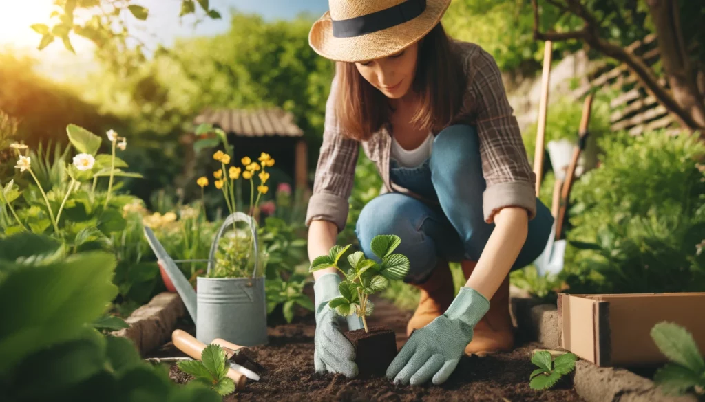 Une femme qui plante un fraisier dans son jardin