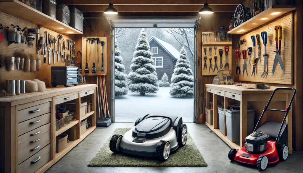 Mon robot tondeuse est bien au chaud dans le garage pour l'hiver