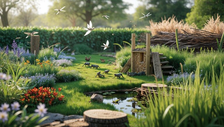 Jardin naturel et fleuri avec mare, plantes indigènes, fleurs sauvages, hôtel à insectes, tas de bois et oiseaux en vol — scène de biodiversité au printemps