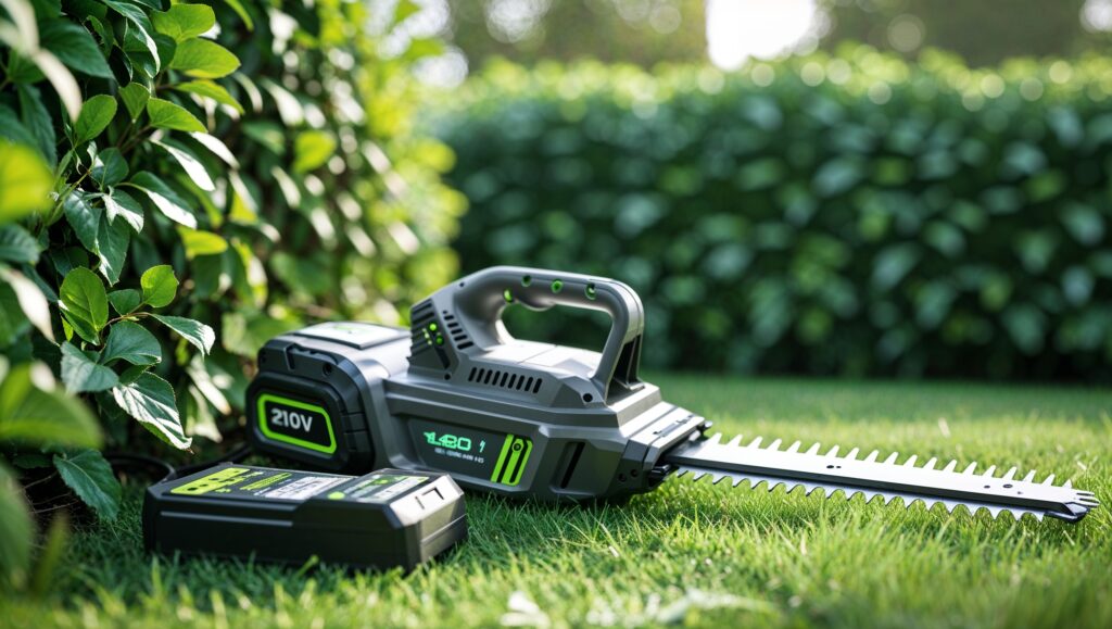 Un taille haie à batterie posé dans un jardin
