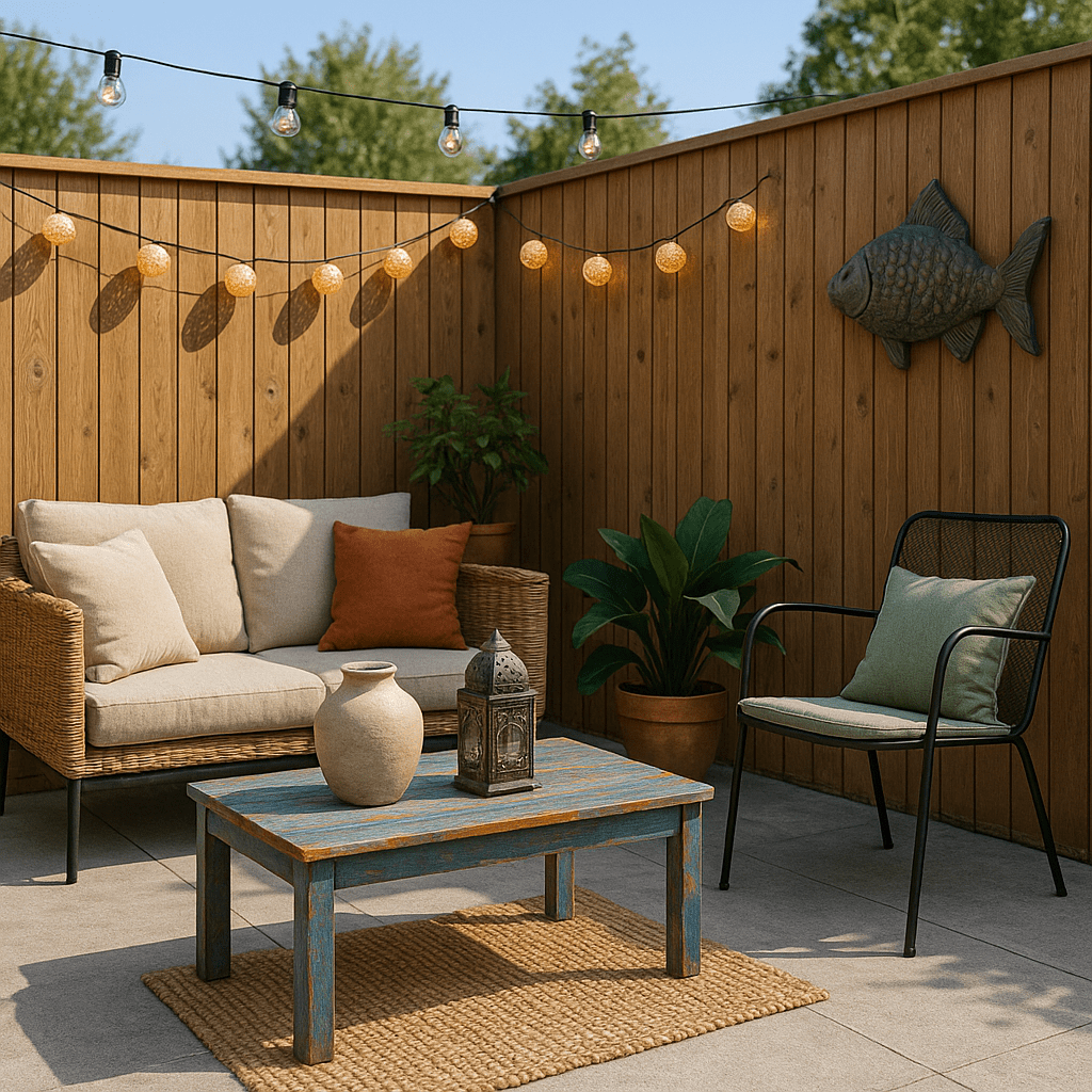Quelques guirlandes et des meubles pour aménager la terrasse