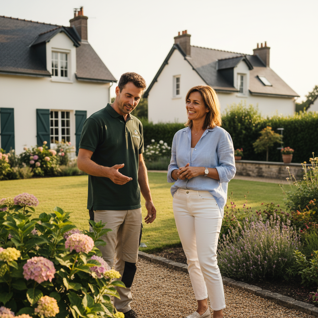 Paysagiste local en consultation avec une cliente