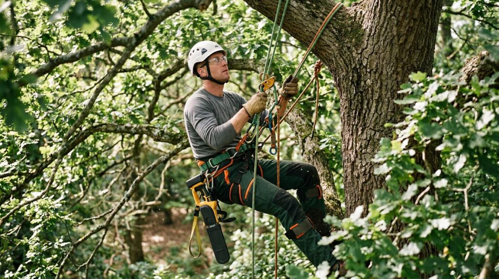 Arboriste grimpeur en baudrier dans un arbre feuillu, élagueuse à batterie accrochée au holster, équipement complet de sécurité.