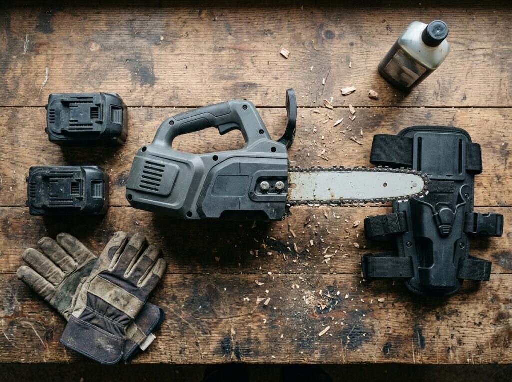 Élagueuse à batterie posée sur un établi en bois avec deux batteries de rechange et un holster de fixation au baudrier.