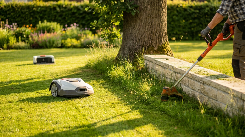 Une tondeuse robot et un homme avec un tailel bordure dansu ne jardin avec muret en pierre