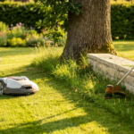 Une tondeuse robot et un homme avec un tailel bordure dansu ne jardin avec muret en pierre