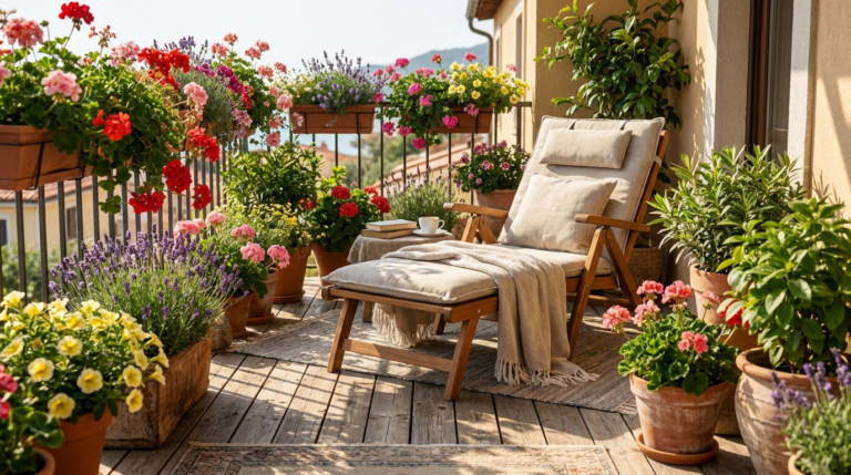 Terrasse balcon d'été fleurie avec géraniums, lavande en pots et coin détente ensoleillé