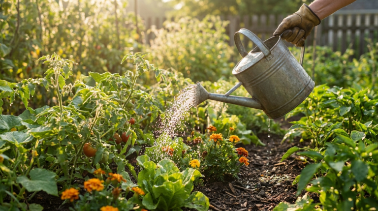 Jardinier arrosant un potager verdoyant avec un arrosoir au lever du soleil en été