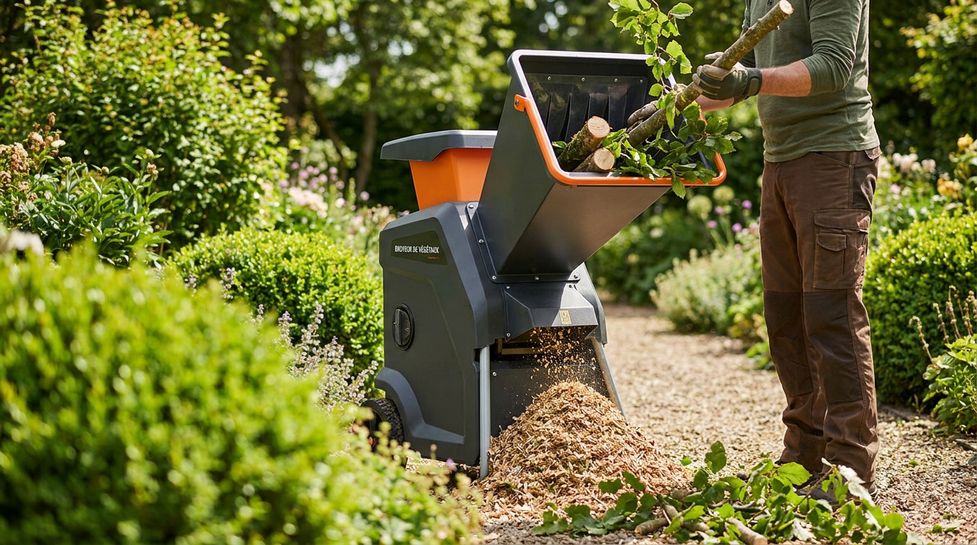 Un jardinier utilise un broyeur de végétaux électrique pour transformer des branches en copeaux dans un jardin verdoyant.