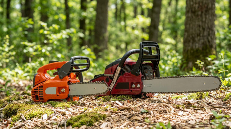 Une élagueuse orange et une tronçonneuse rouge posées sur le sol en forêt.