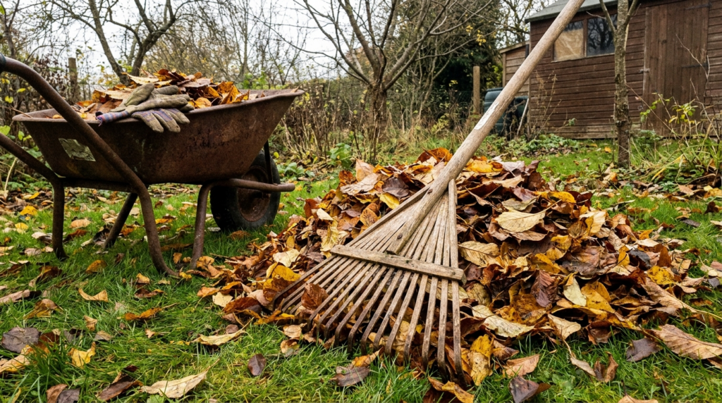 Râteau rassemblant un tas de feuilles mortes dorées sur une pelouse en automne