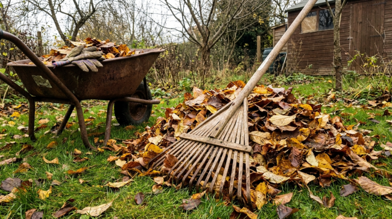 Râteau rassemblant un tas de feuilles mortes dorées sur une pelouse en automne