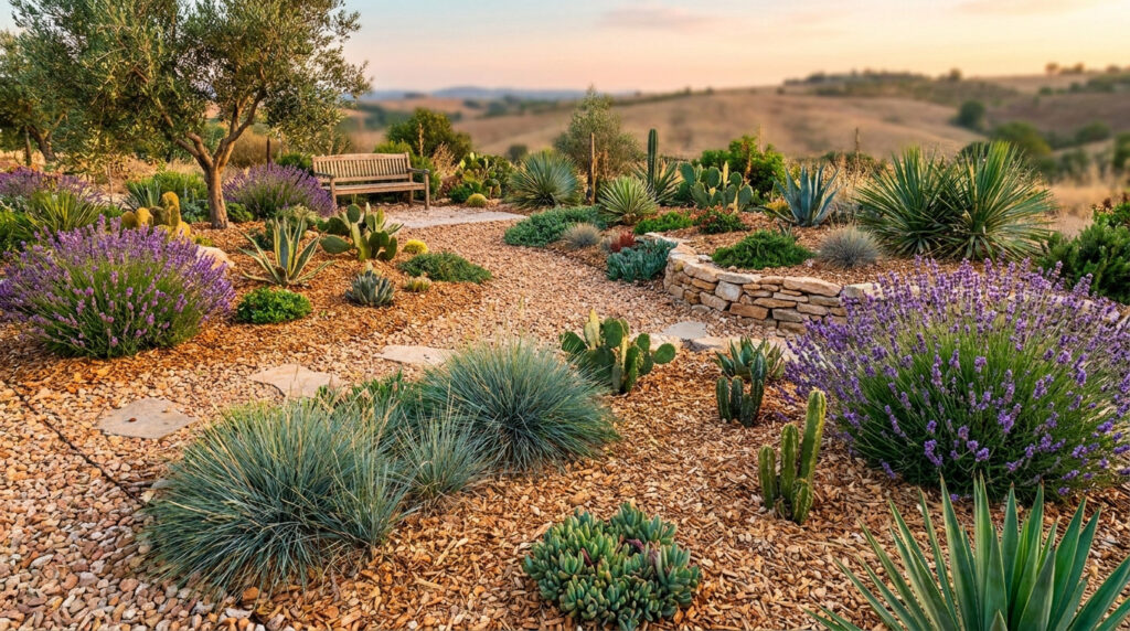 Jardin sec avec lavande, cactus, succulentes, paillage de gravier et banc en bois au coucher du soleil.