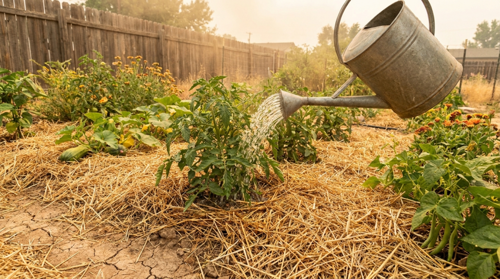 Potager paillé arrosé au pied par temps de sécheresse pour économiser l'eau