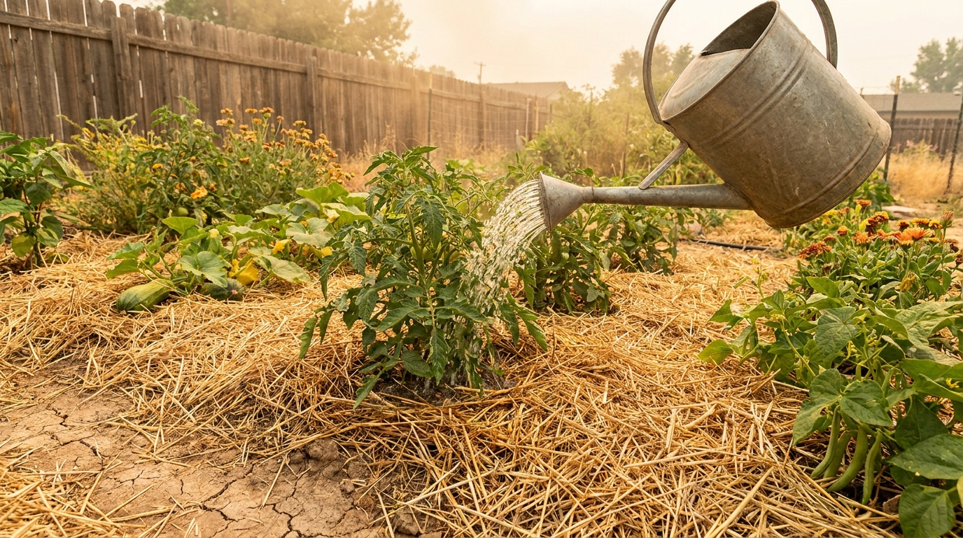 Potager paillé arrosé au pied par temps de sécheresse pour économiser l'eau