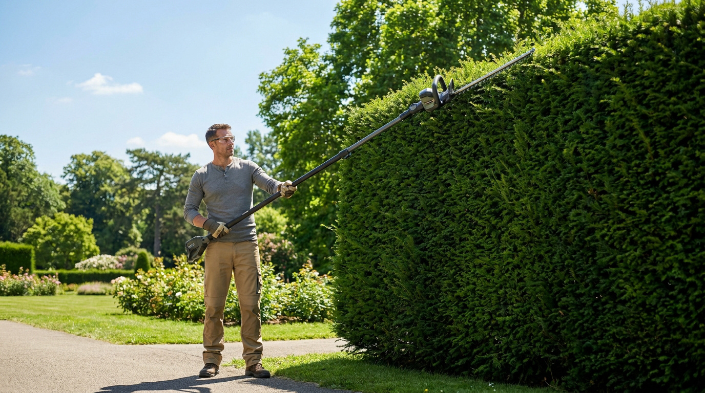 Professionnel taillant une haie haute avec un taille-haie télescopique dans un jardin ensoleillé.
