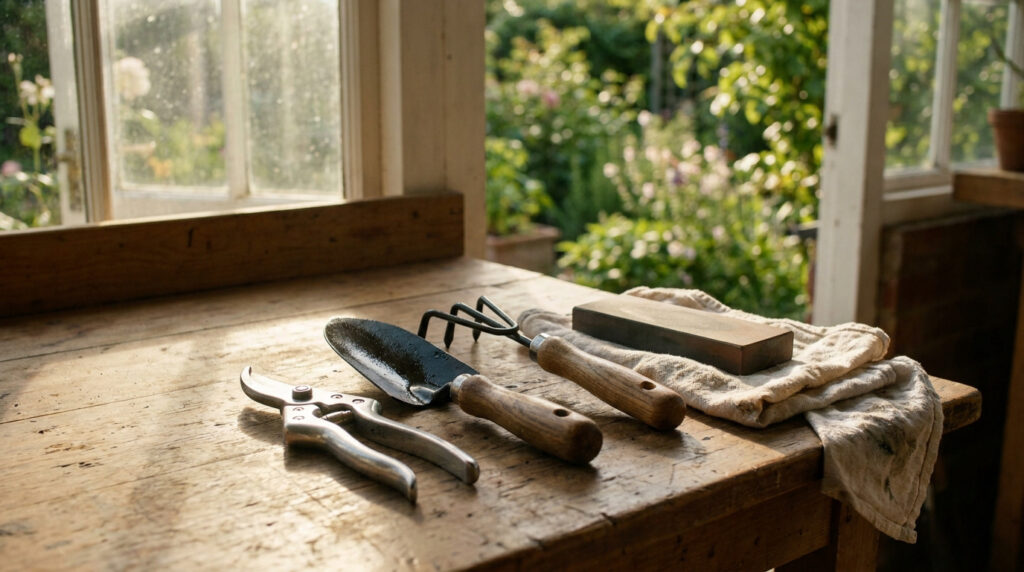 Outils de jardinage en métal et bois posés sur un établi en bois dans une serre lumineuse.