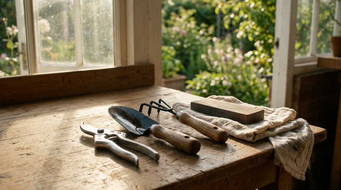Outils de jardinage en métal et bois posés sur un établi en bois dans une serre lumineuse.