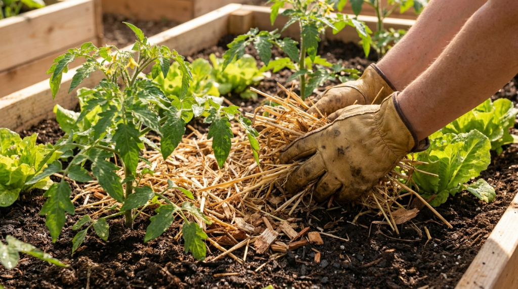 Mains gantées étalant un paillage de paille et copeaux de bois au pied de légumes au jardin
