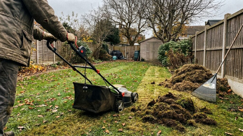 Scarification d'une pelouse en automne avec tas de mousse et feuilles mortes