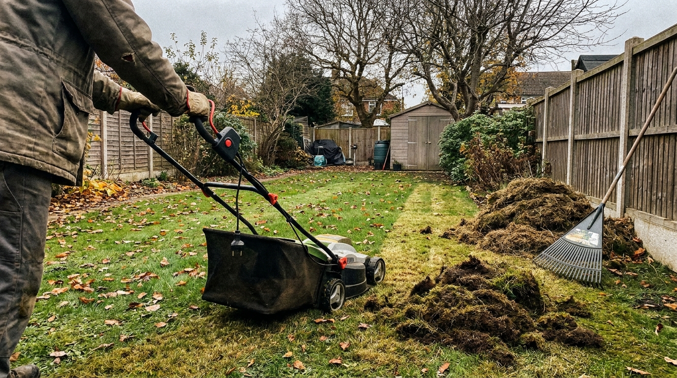 Scarification d'une pelouse en automne avec tas de mousse et feuilles mortes