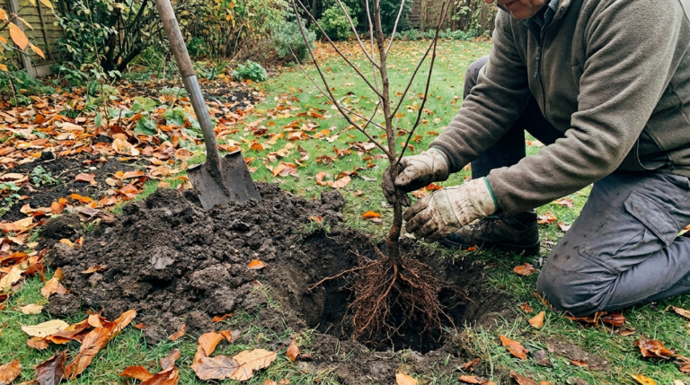 Jardinier plantant un jeune arbre à racines nues dans un trou en automne