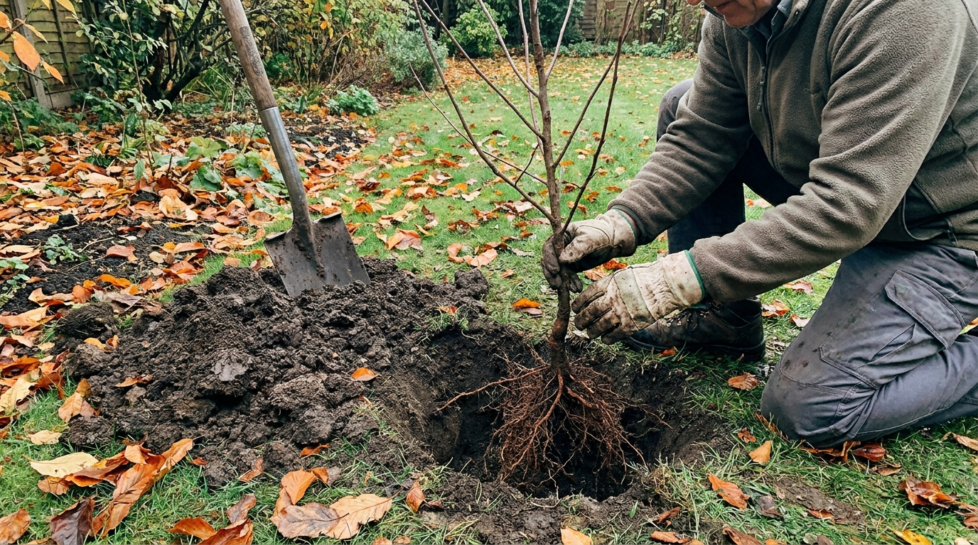 Jardinier plantant un jeune arbre à racines nues dans un trou en automne