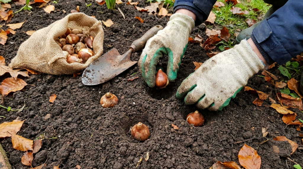 Mains plantant des bulbes de tulipes et narcisses dans la terre en automne
