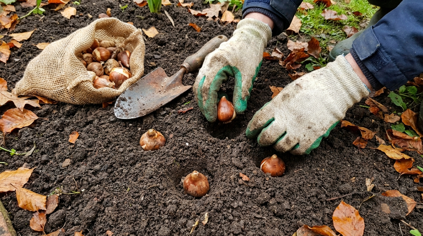 Mains plantant des bulbes de tulipes et narcisses dans la terre en automne
