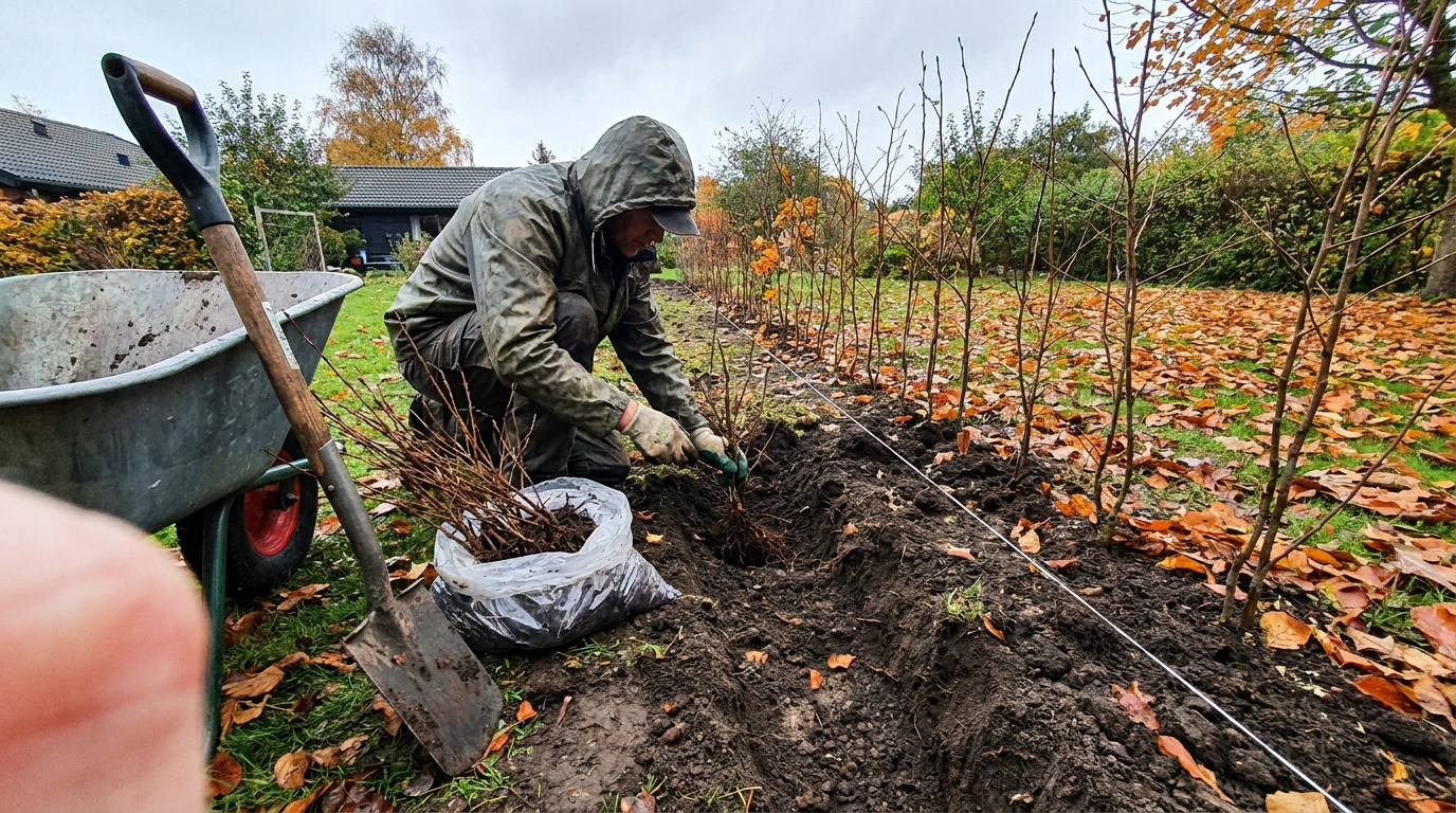 Plantation d'une haie de jeunes arbustes à racines nues le long d'une tranchée en automne