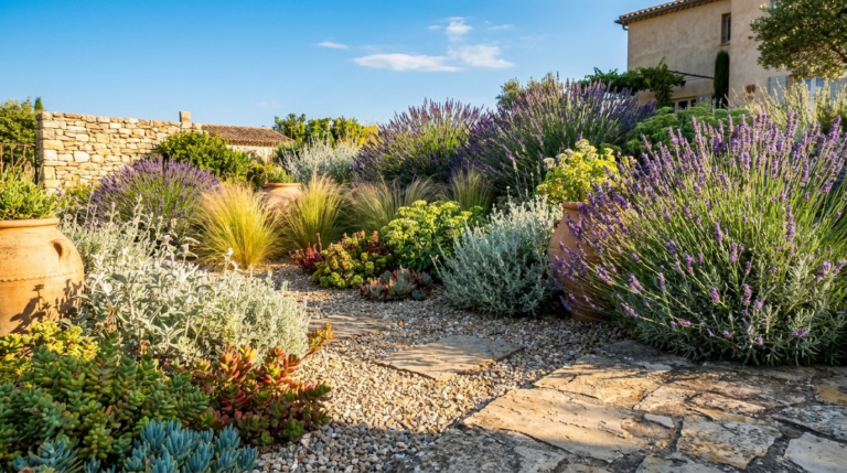 Jardin sec de style méditerranéen en plein soleil avec lavande, graminées et plantes résistantes à la sécheresse