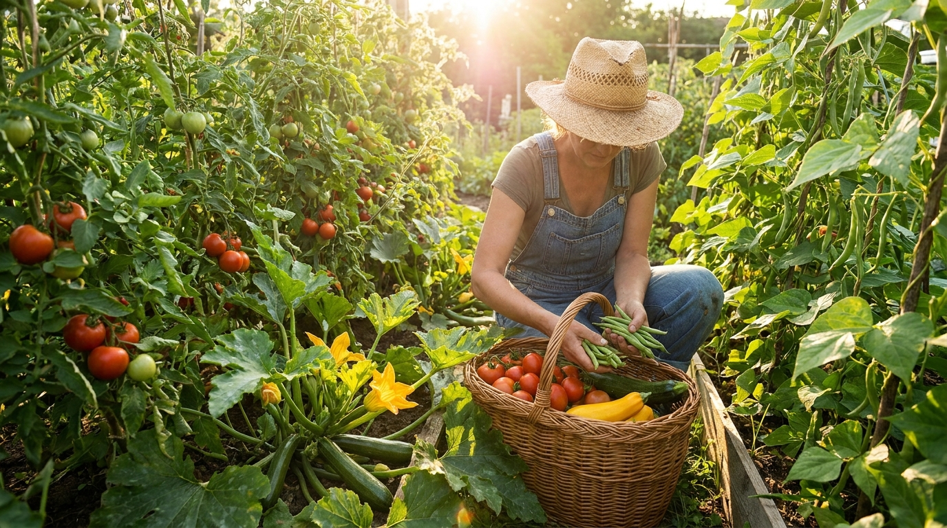Potager d'été abondant en juillet avec tomates mûres et récolte de légumes dans un panier