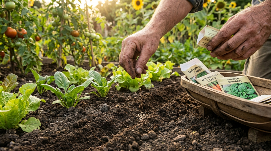 Semis de légumes d'automne dans une terre riche au potager en août