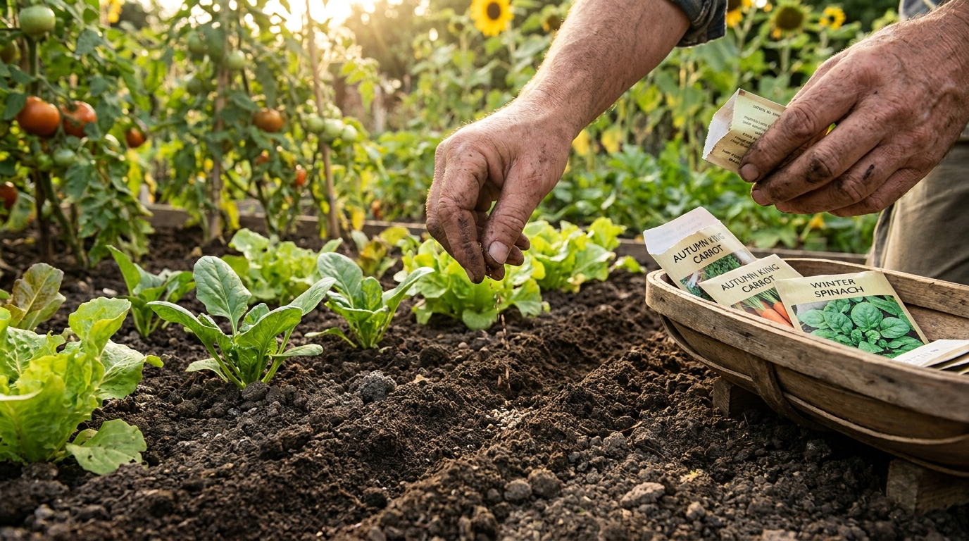 Semis de légumes d'automne dans une terre riche au potager en août