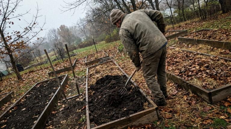 Apport de compost sur un carré potager avec une grelinette plantée dans la terre