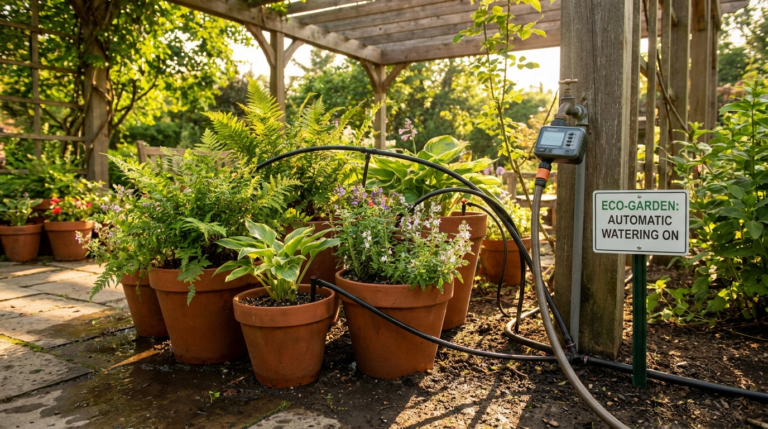 Système d'arrosage automatique au goutte-à-goutte et pots regroupés à l'ombre pour le jardin pendant les vacances