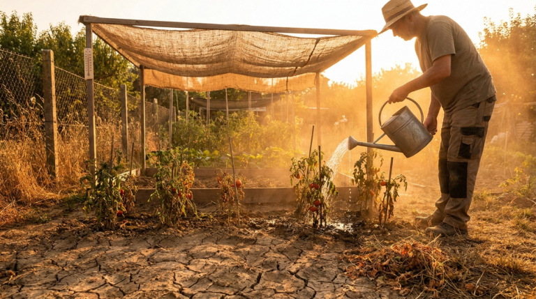 Jardin en période de canicule, sol sec et arrosage des plantes au coucher du soleil