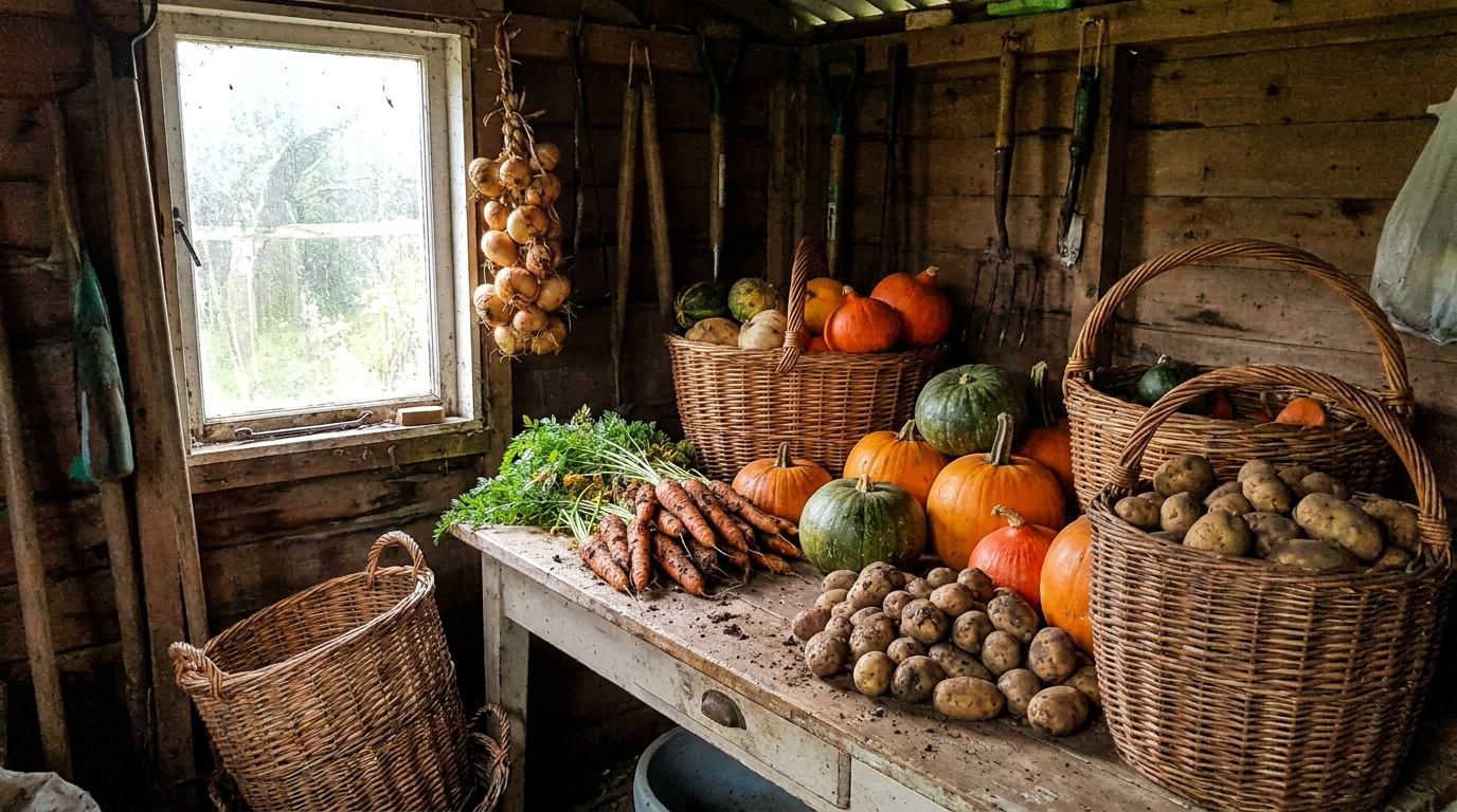 Récolte d'automne avec courges, carottes et oignons dans des paniers en osier