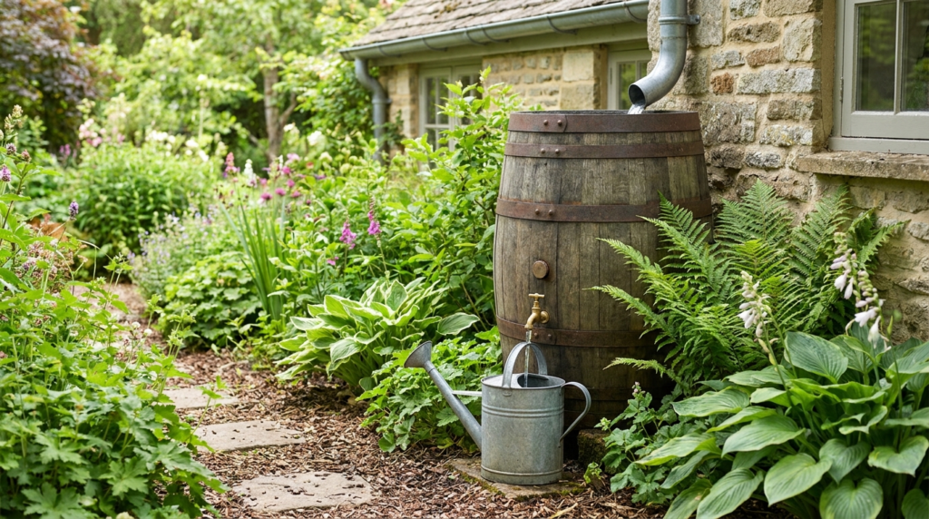 Récupérateur d'eau de pluie raccordé à une gouttière dans un jardin verdoyant avec arrosoir