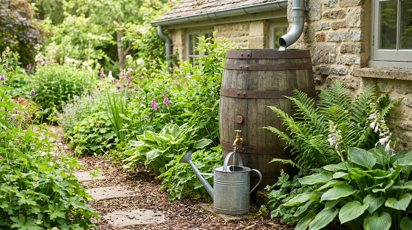 Récupérateur d'eau de pluie raccordé à une gouttière dans un jardin verdoyant avec arrosoir