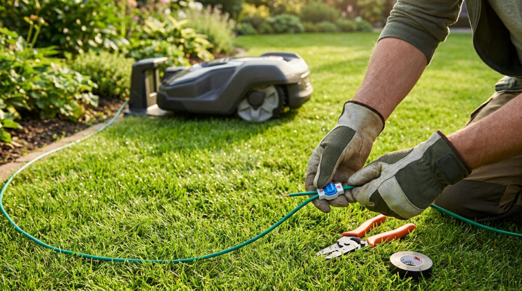 Une personne répare un câble sectionné de robot tondeuse avec un connecteur spécial dans un jardin verdoyant.