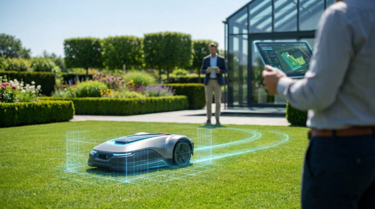 Homme pilotant un robot tondeuse moderne avec une tablette dans un jardin verdoyant.