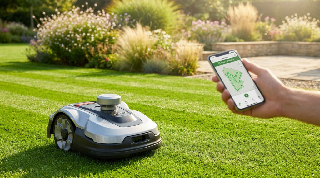 Robot tondeuse sur une pelouse verte contrôlé via une application sur smartphone affichant le plan de tonte.