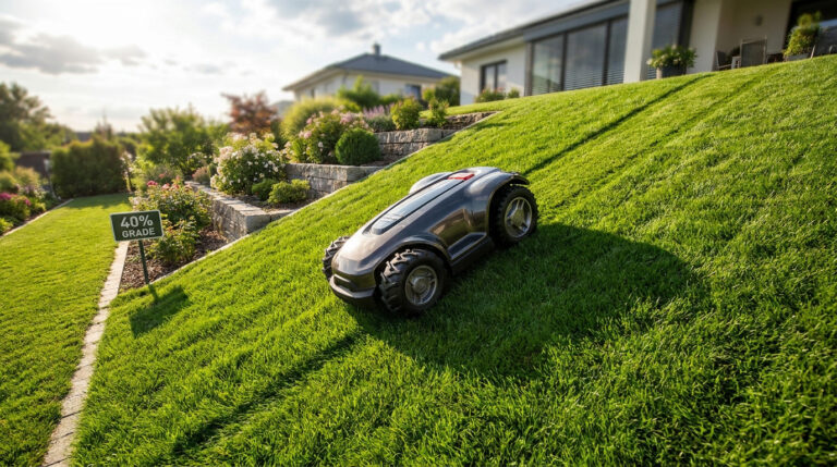 Un robot tondeuse autonome évoluant sur une colline herbeuse inclinée à 40% près d'une maison moderne.